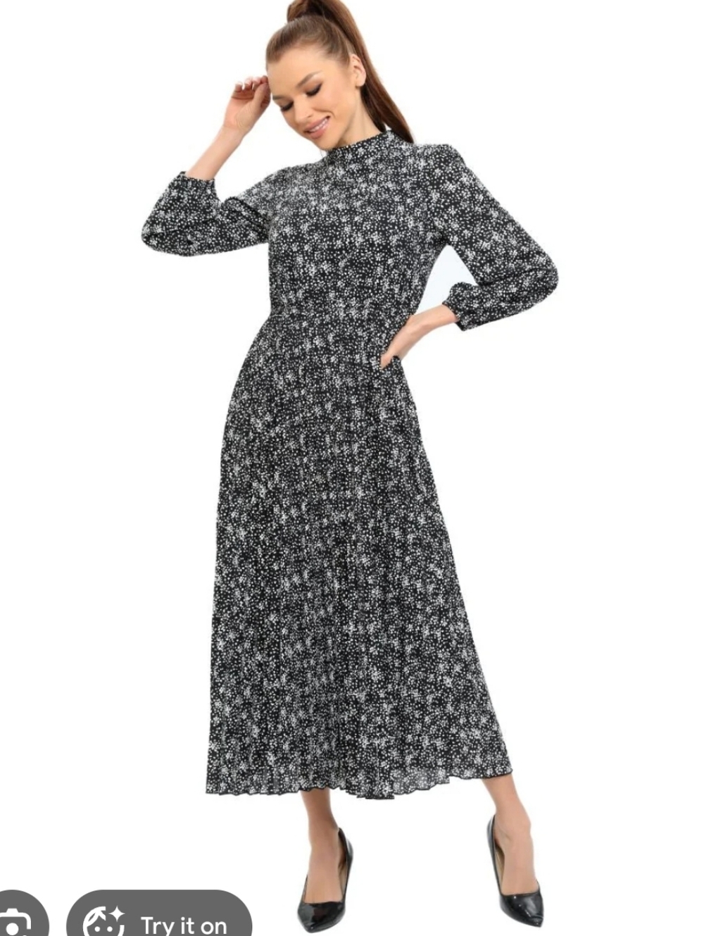 Miss Finch Floral Microprint Long Sleeve Midi Dress